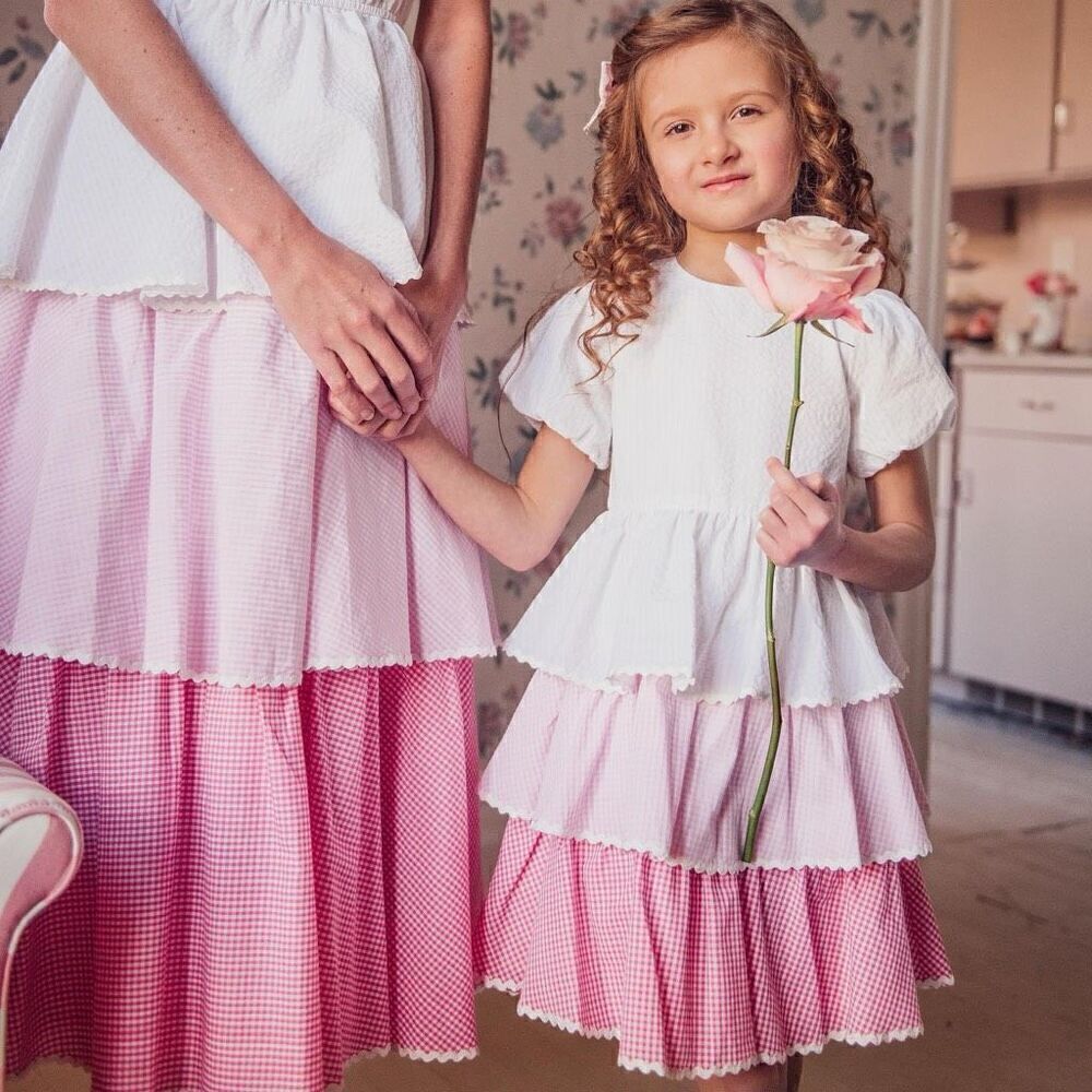 JessaKae Eva Girls Pink White Gingham Tiered Layered Seersucker Short Sleeved Mi